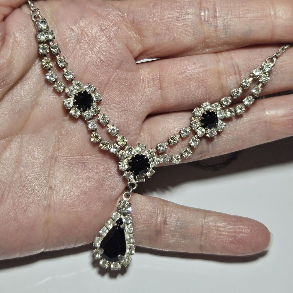 **Sale** Silver Tone Black Clear Rhinestone Teardrop Drop Necklace 16.5-19.5"